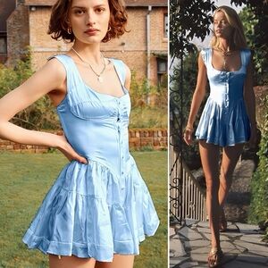 Vanessa Mooney Elisabeth Romper Sky Blue Satin Mini Dress Flattering Fit Small